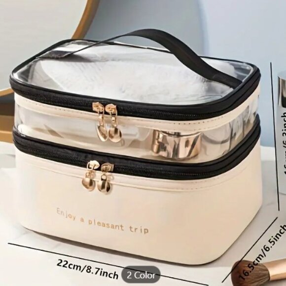 ✨NEW✨ Stylish Double-Layer Makeup Bag - Beige - Transparent - Picture 2 of 4